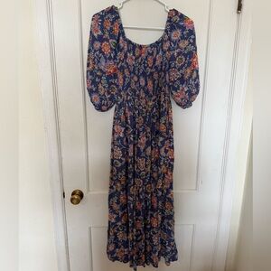 Angie Navy Floral Maxi Dress with Puff Sleeves